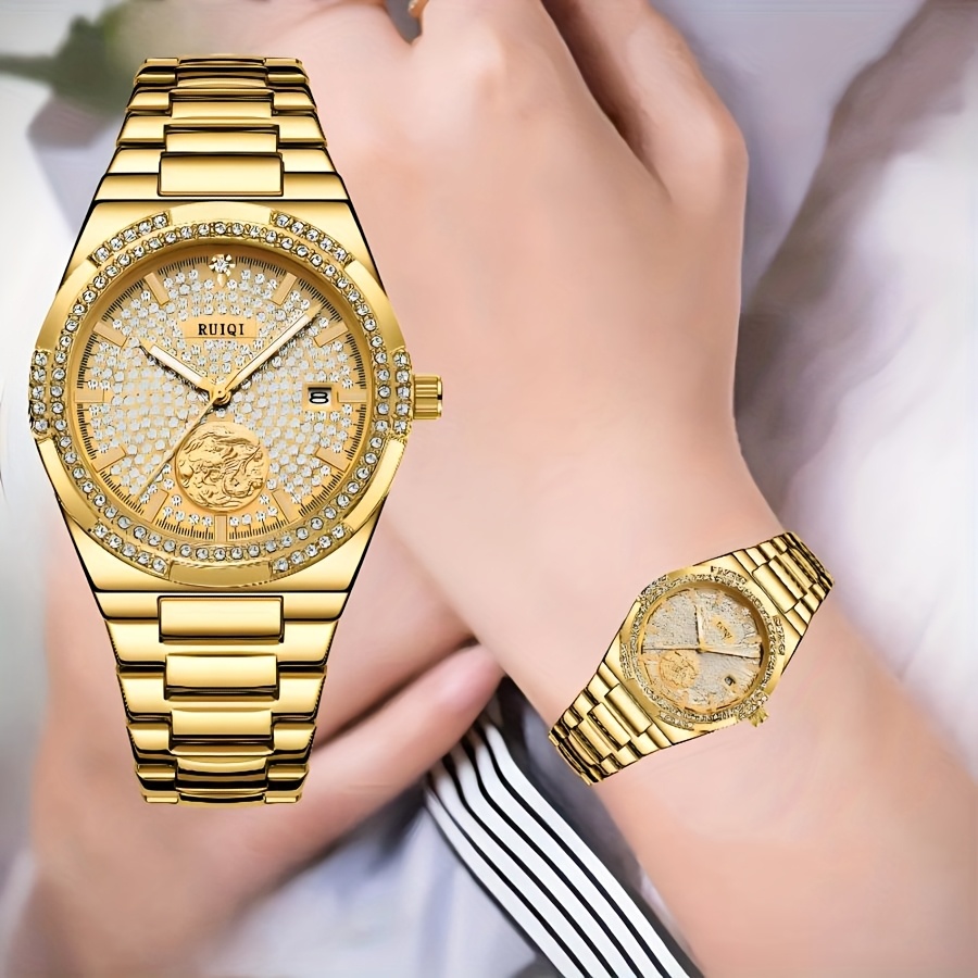 

Luxury Rhinestone-encrusted Mechanical Watch - Elegant Alloy Band, Display For