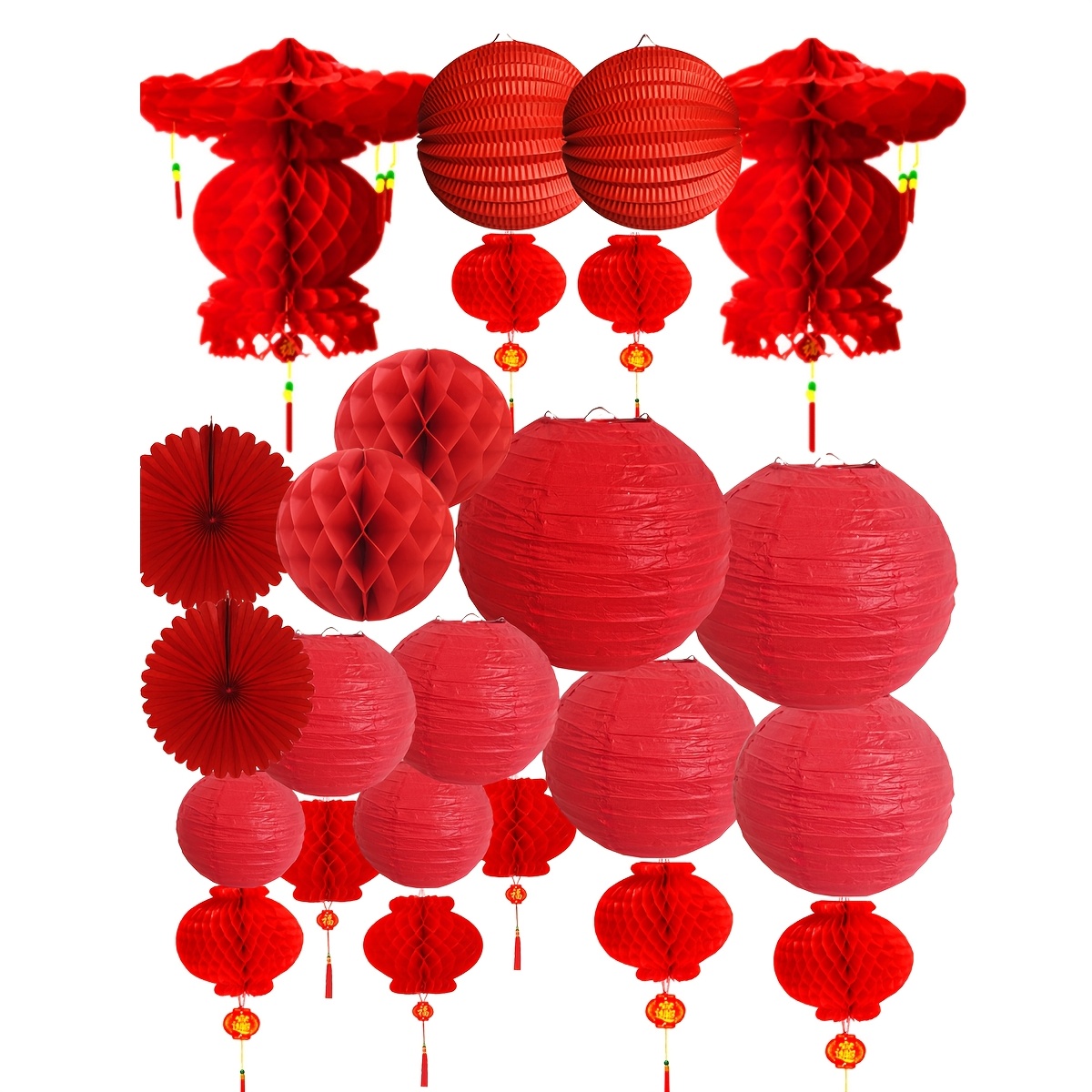 

24pcs Red Chinese Lantern Set With Paper Lamps, Honeycomb Balls & Fans - Valentine's Day, Weddings, And Decorations