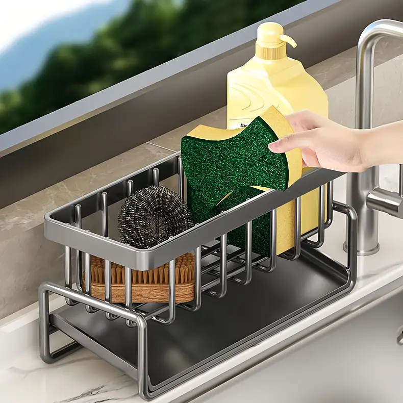 versatile kitchen bathroom organizer plastic sink caddy for soap sponges towels details 4