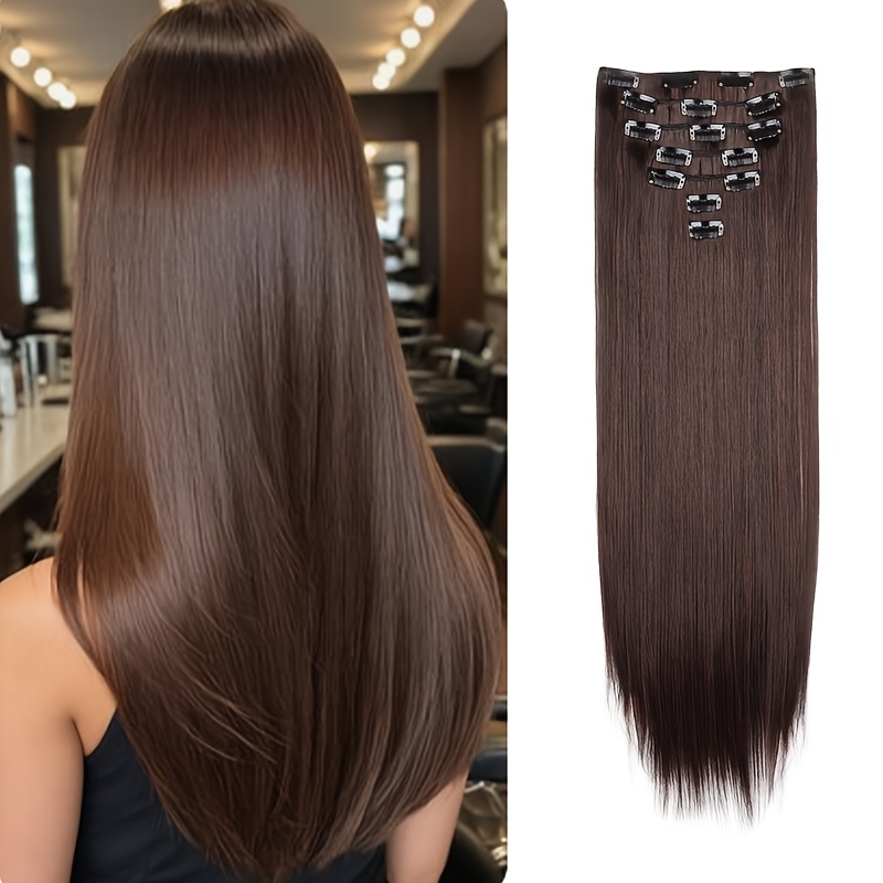 TEMU Postiche Synthétique Long Adapté aux Cheveux Raides avec 16 Pinces de Sécurité, Convient à Tout Style pour Femmes