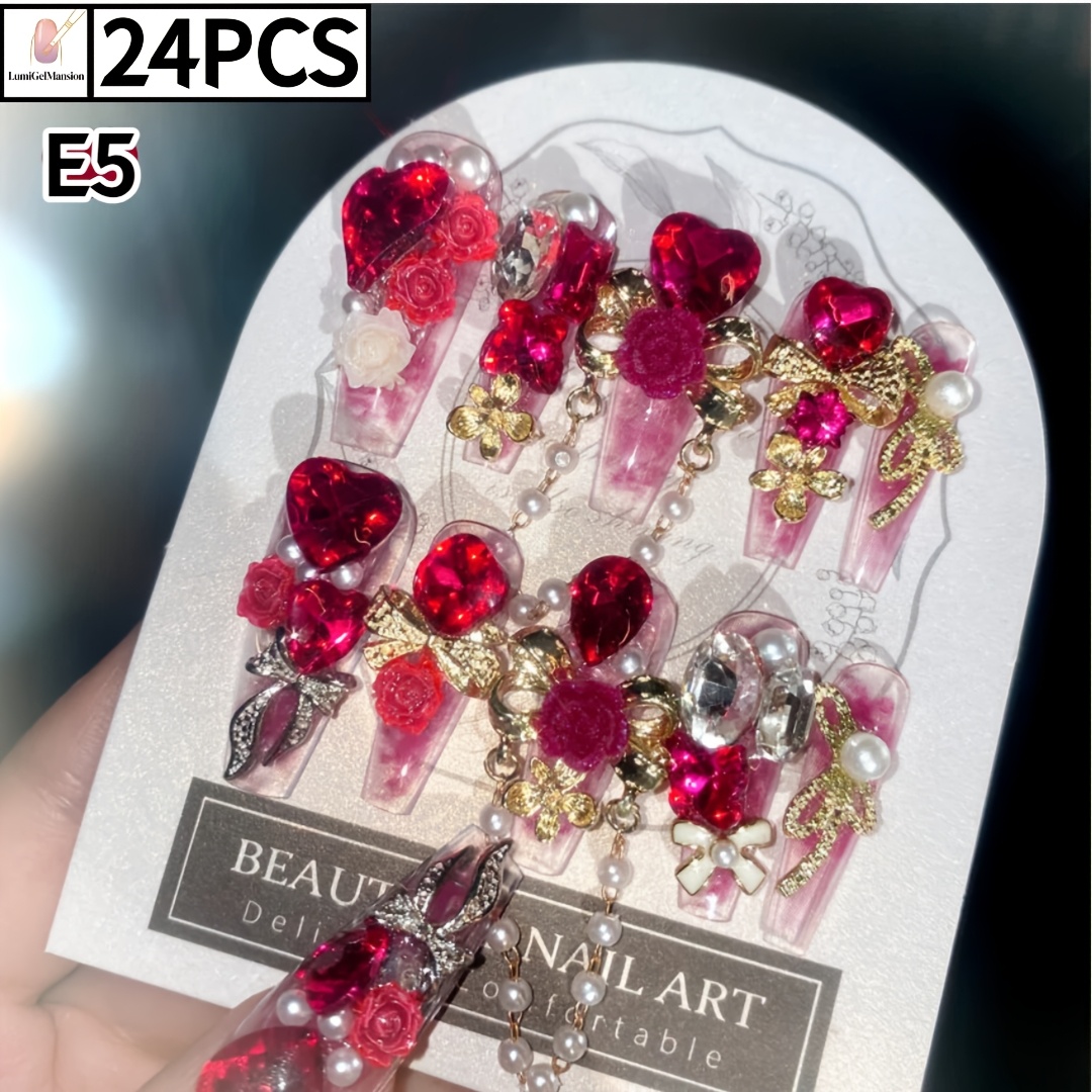 TEMU (3d Handmade Nail Art) 24pcs Long Ballet Press On Nails, Rich Y2k Style Luxury Red & Golden Rhinestone Chain Bling Heart Glitter Detachable