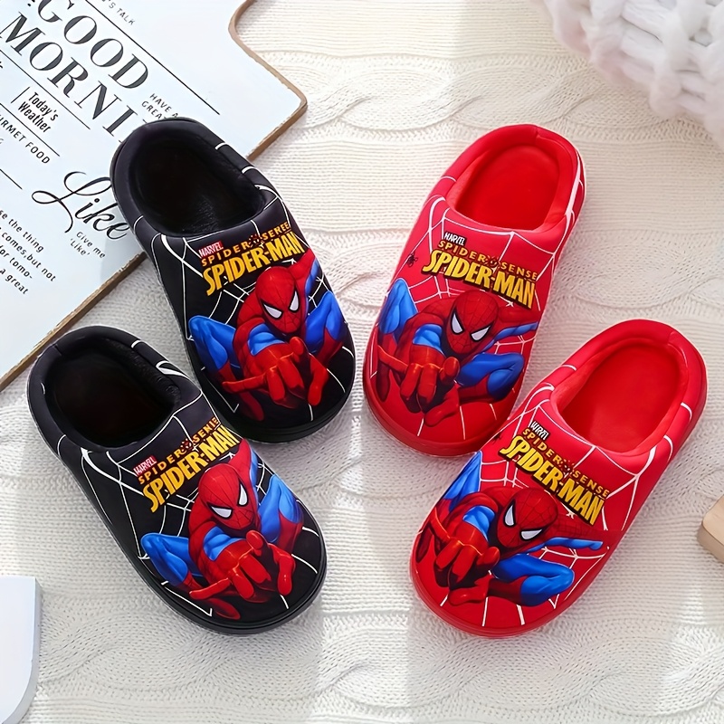 Pair of Kids' Plush Slippers with Spider-Man Print Design, New Autumn/Winter Style for Boys - Black/Blue/Red Options, Easy Slip-On Baby Shoes, Lightweight and Comfortable Indoor Floor Mats, Perfect Holiday Gift, Ideal for Fall Winter Summer, Fashion Statement, Winter Accessory, Cartoon Print, Kids Footwear, for Teenager, for Outdoor