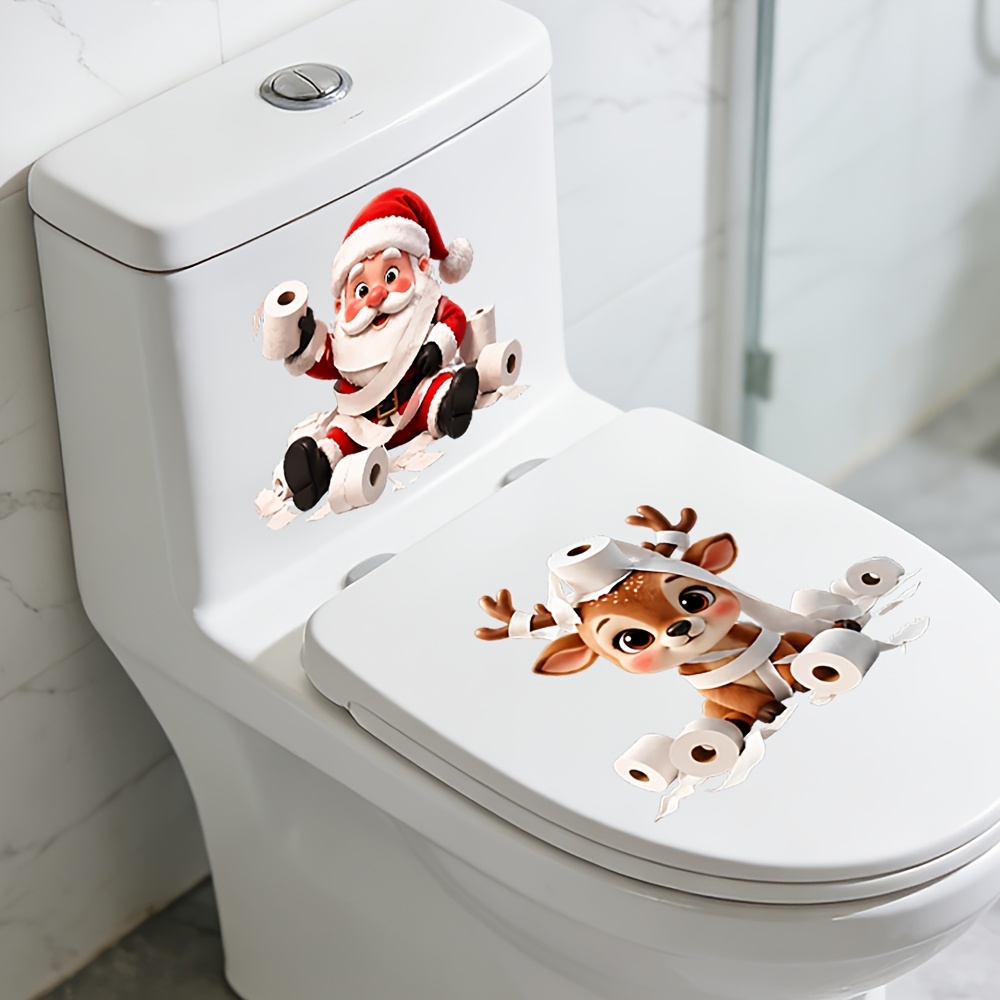 TEMU 2D, 2 piezas de pegatina 2D para inodoro de Papá Noel y reno enrollado, calcomanía autoadhesiva creativa para baño de Navidad con agujeros