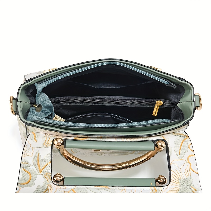 Elegant Floral Print Women's Handbag - Stylish Crossbody Bag with Golden-Tone Hardware, White Base & Black/Beige Floral Pattern, Lightweight & Spacious for Everyday Use