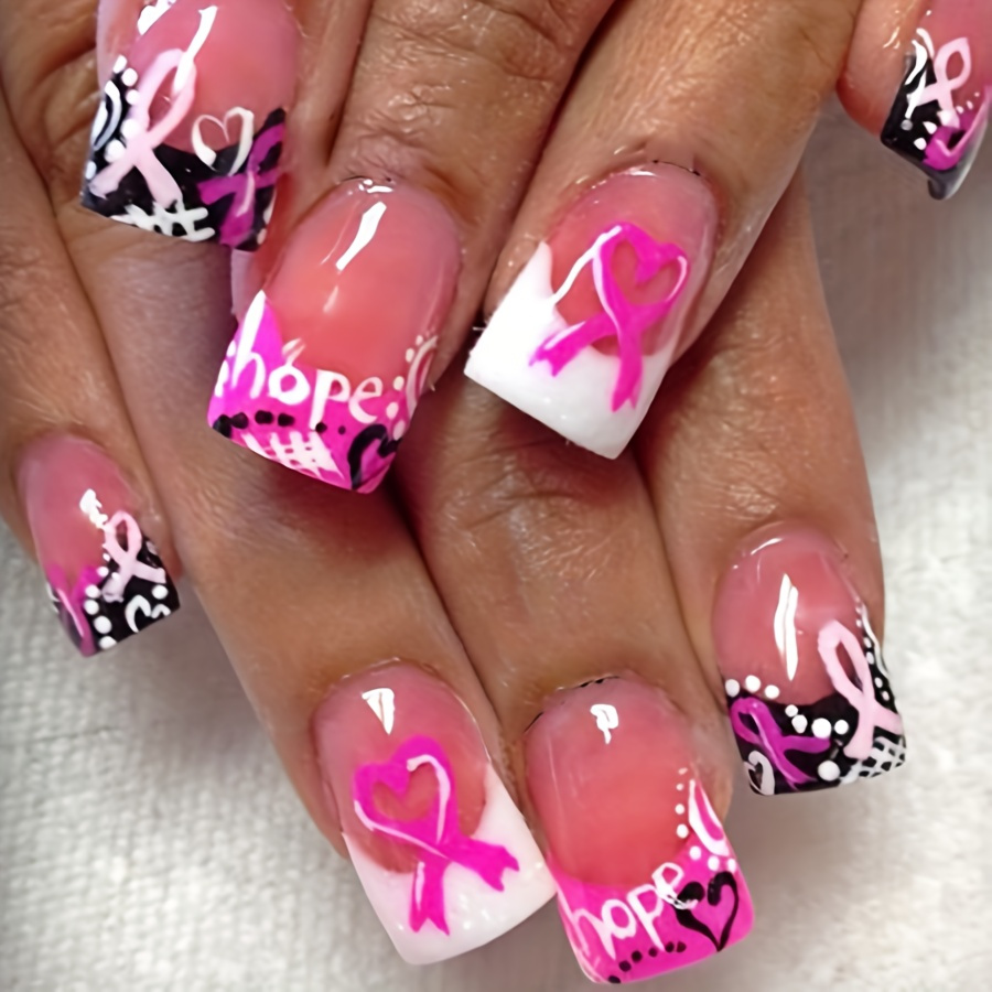 Image of 24 Short, Glossy Square Nails, Pink Ribbon, Care For Women', Protect Women, Press-on Nails, Full Coverage False Nails, Detachable Wearable Nails With Jelly Glue * 1, Nail File * 1