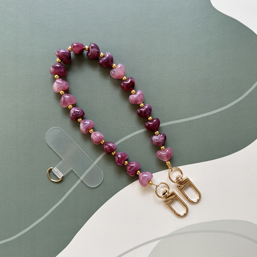 Image of Fashion Colorful Creative Imitation Stone Heart Mobile Phone Chain Valentine's Day Gift Handmade Acrylic Bead Mobile Phone Pendant Bag Charm