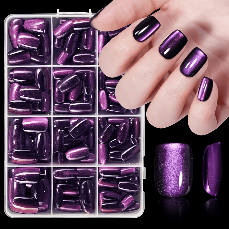 TEMU [Fêtes d'année] 120 faux ongles courts carrés brillants à l'œil de chat, ongles amovibles brillants à couverture complète, pièces d'art d'ongle,