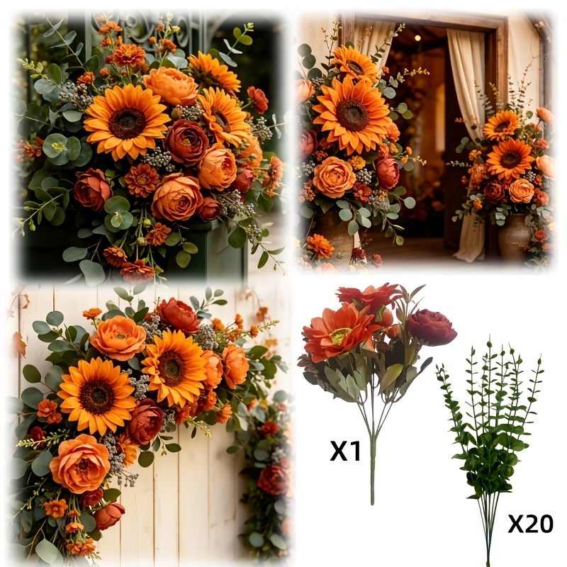 TEMU 21pcs Vintage Orange- Sunflower Artificial Flower Arrangement Set, Including Main Bouquet + Eucalyptus Green Leaf Accessories. Feature Detailed,