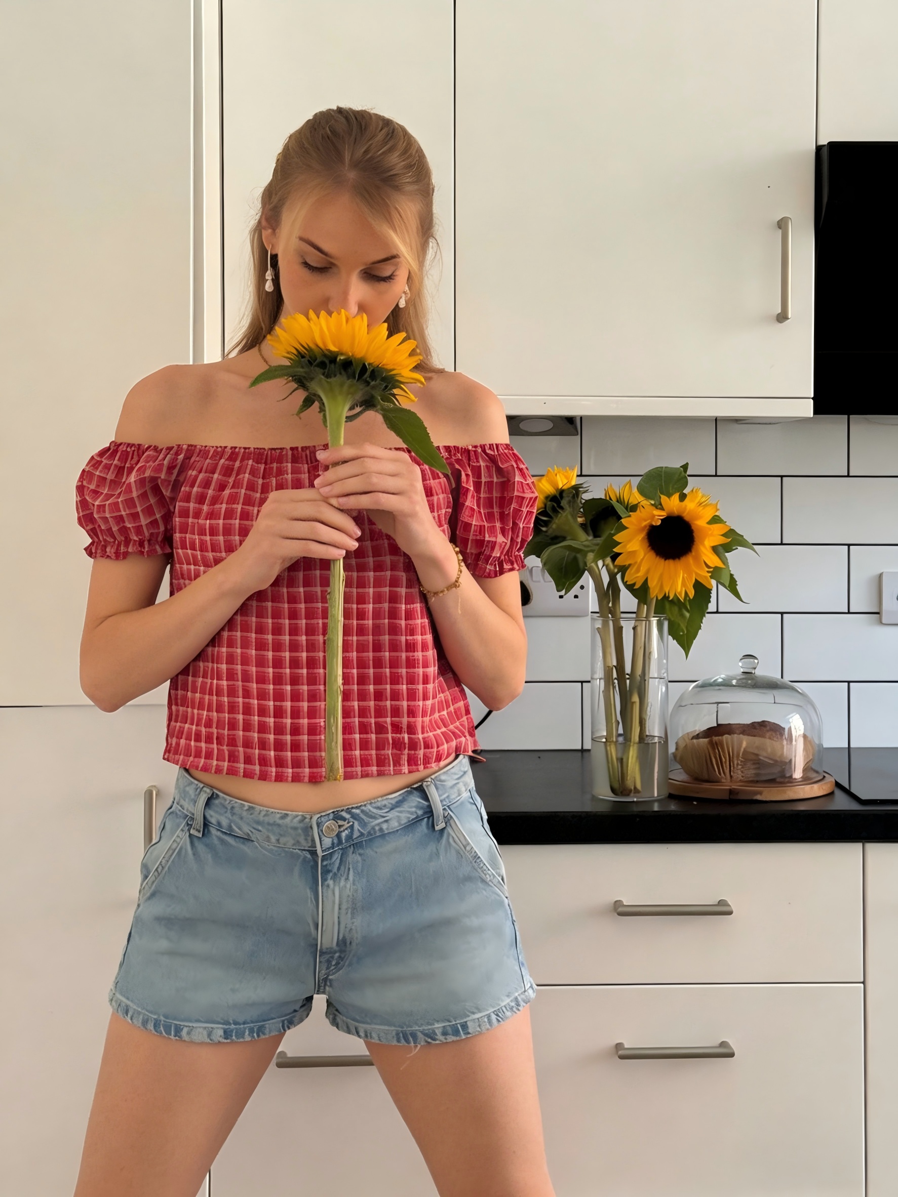 red and white checkered off shoulder top with short puff sleeves     and casual summer outfit details 2