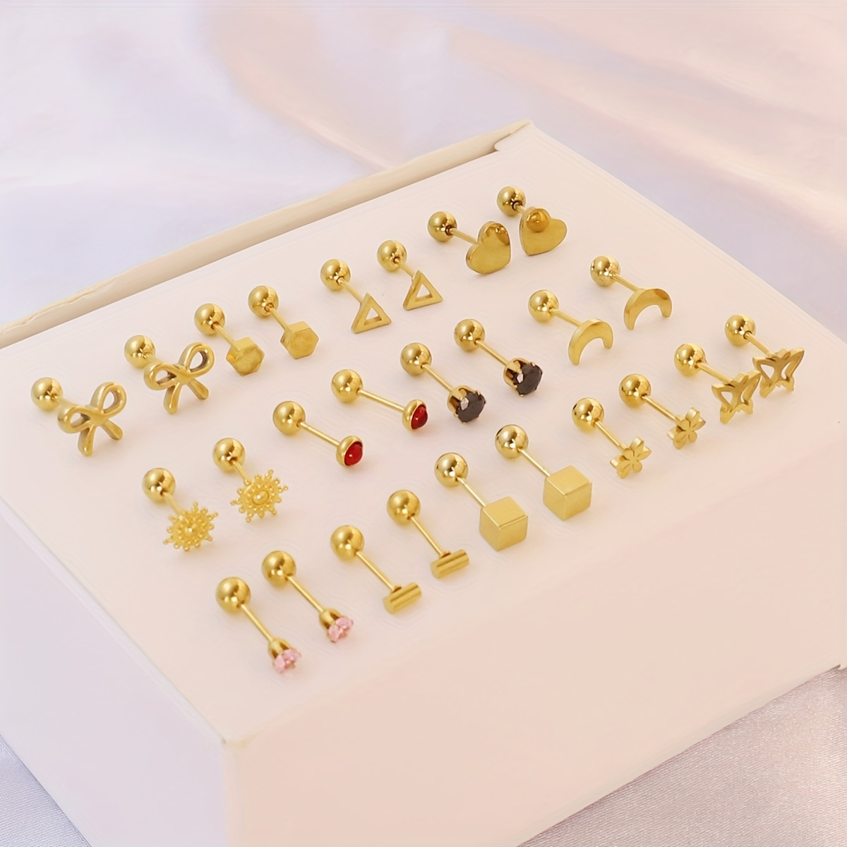 18 pairs set random styles stainless steel hollow out star     circle inlaid cubic synthetic zirconia stud earrings comfortable ball back ear plugs shower and friendly jewelry perfect gift for   on holidays Product details 3