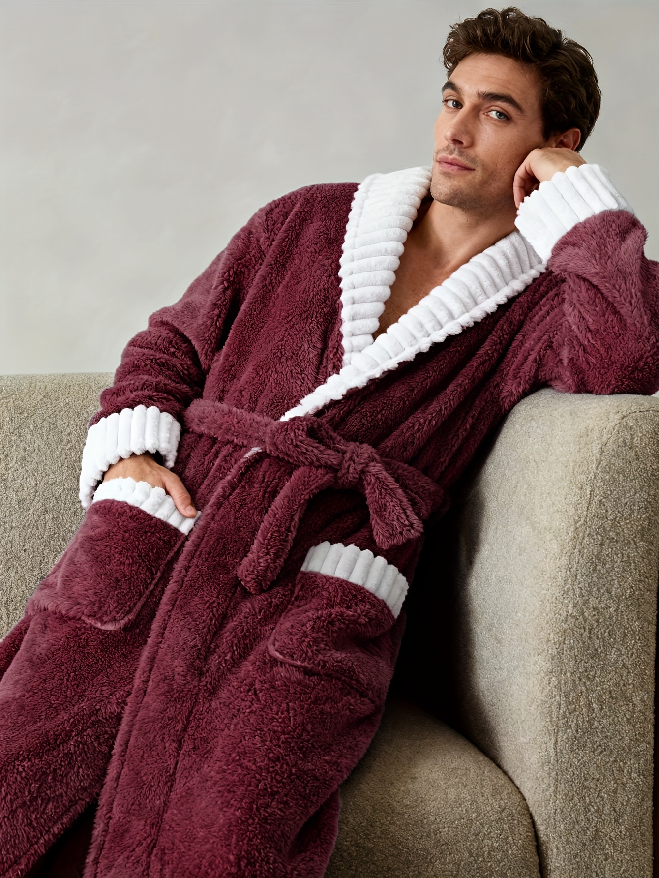 Men'S Thickened Flannel Robe - Long Bathrobe with Large Pockets, Soft Plush Texture, V-Neck & Belted Design for Fall/Winter, Perfect Gift for Him, Cozy Home Wear, Casual Sleepwear, Winter Robe | Vneck Robe | Plush Texture Robe