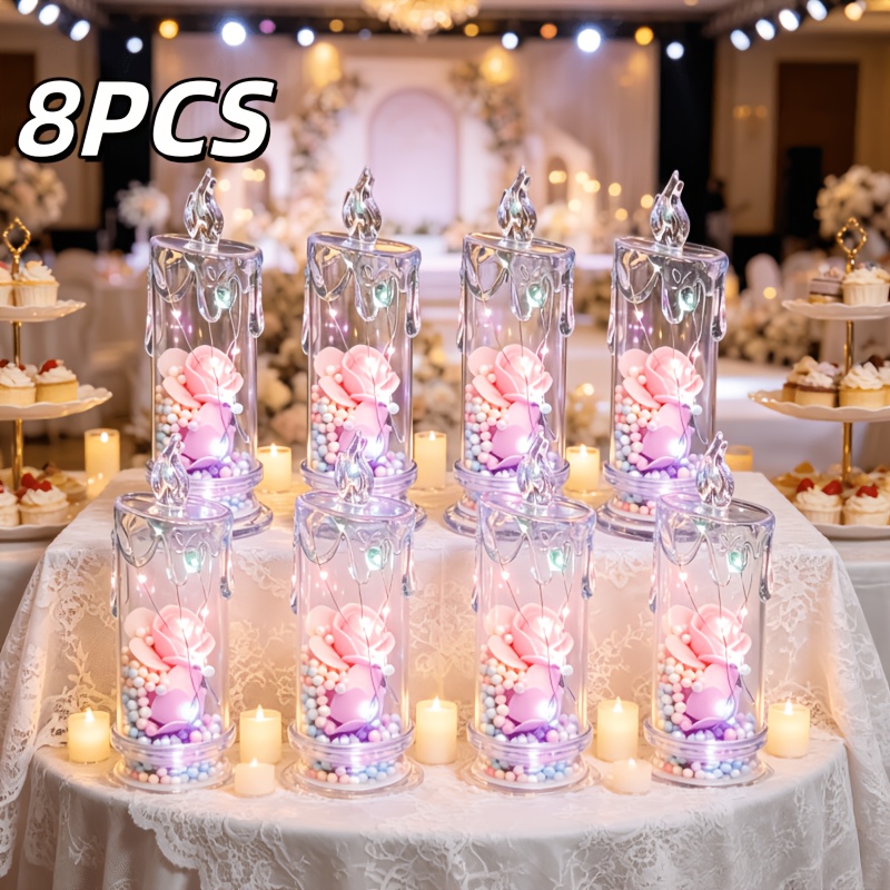 Rose Shadow LED Flameless Candle Set – 4 Crystal Pillar Candles, Battery Operated, Romantic Glow For Weddings, Christmas & Home Decor