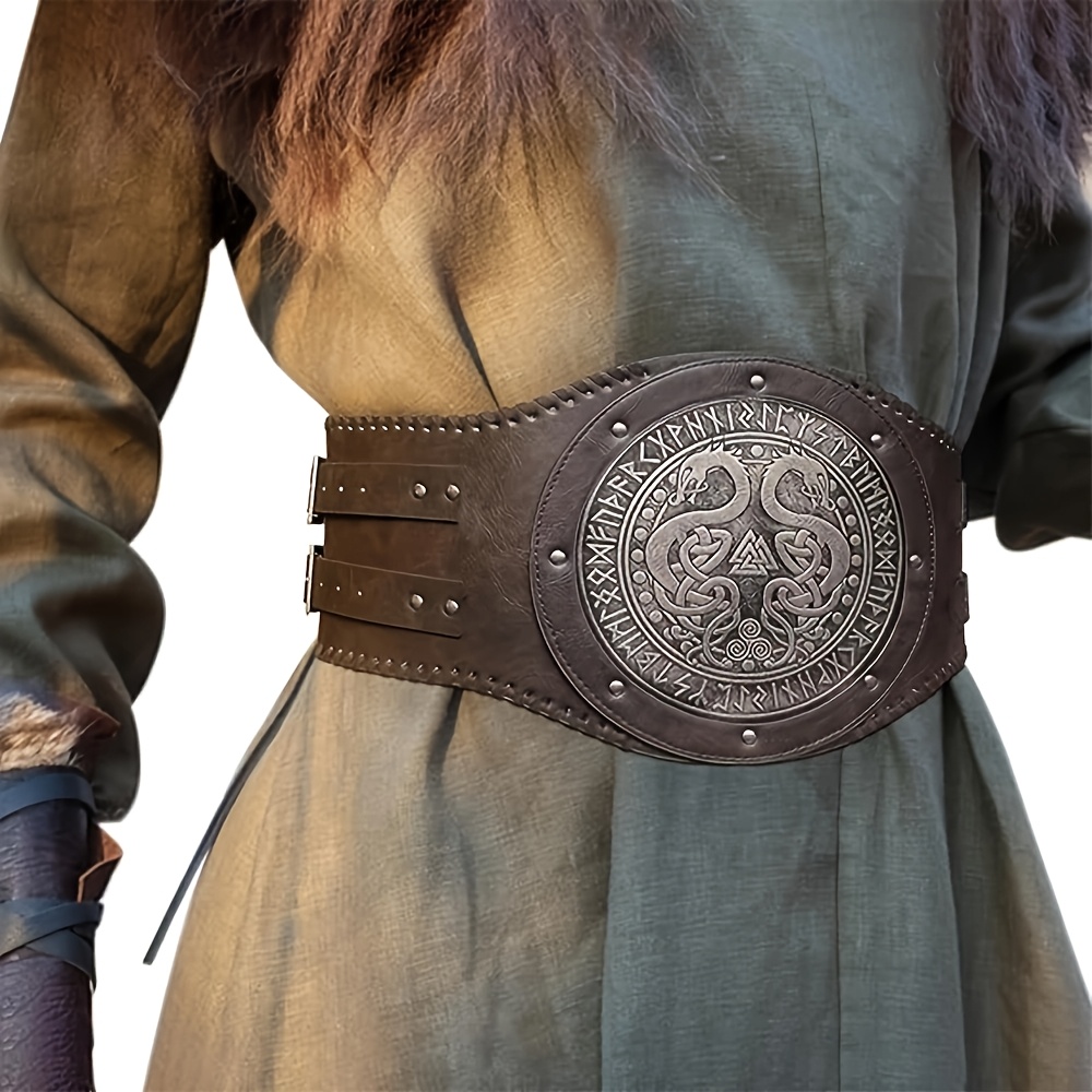 Image of Viking Embossed Double Dragon Waist Armor, Retro Norse Artificial Pu Faux Leather Wide Belt, Medieval Mercenary Corset Belt