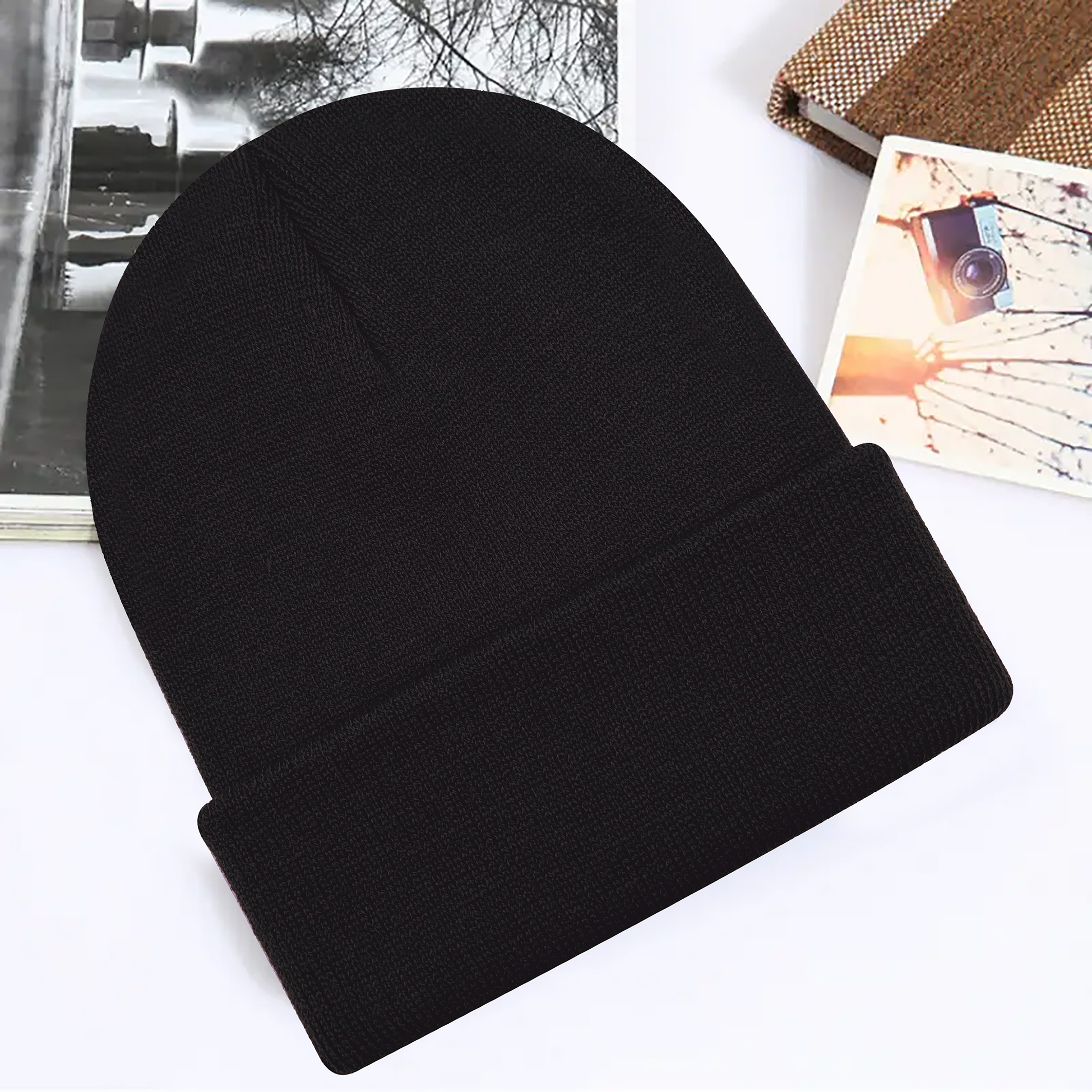 

Elegant Black Acrylic Beanie - Y2k Style Knit Winter Cap, Cozy Warm Fashionable Daily Wear, Hand Washable Stretchable Knitted Hat