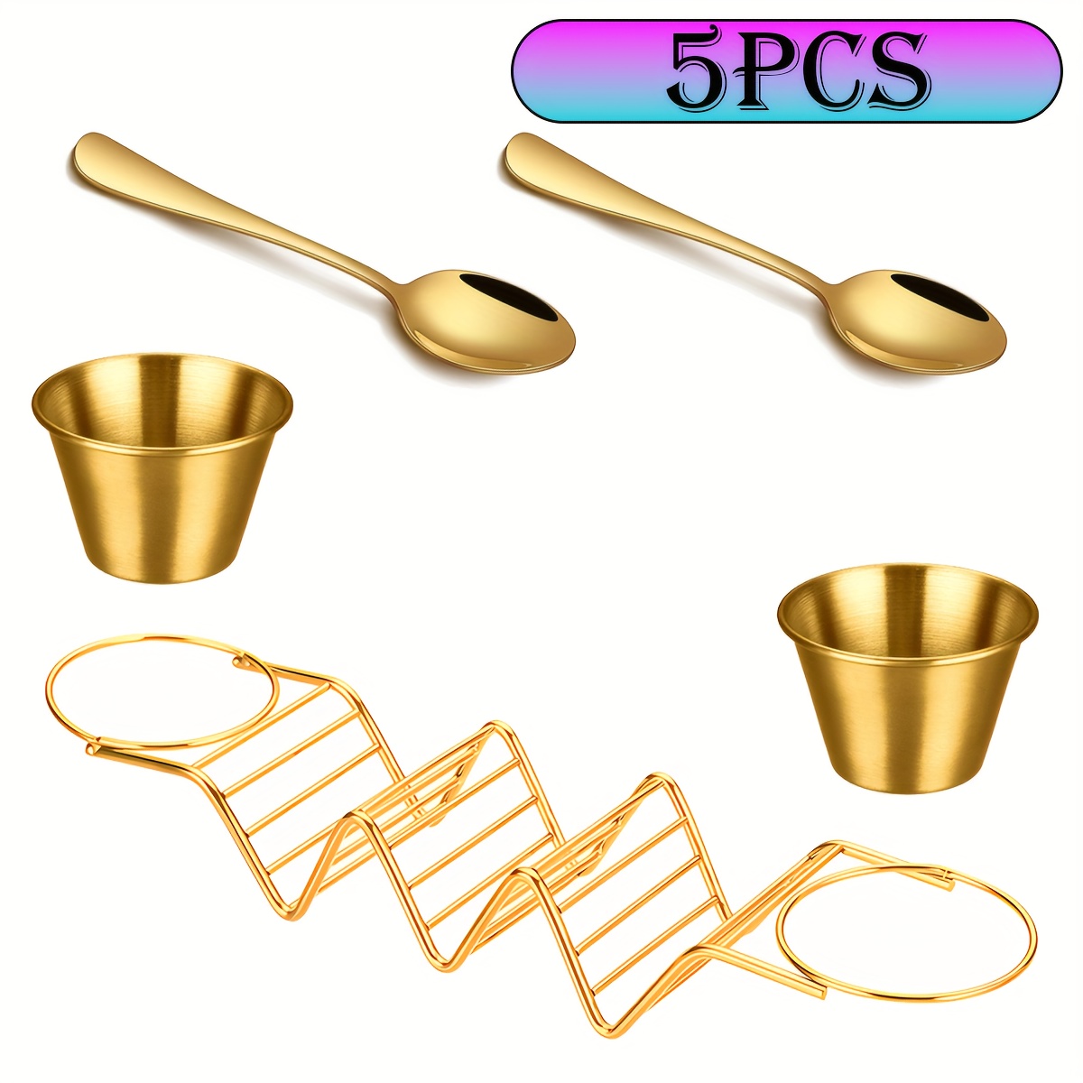 5/10pcs Porte-taco avec plat à sauce et cuillère, support taco en acier inoxydable, sandwich accessoires de jade artificiel, convient aux crêpes, rouleaux, tortillas mexicaines, lave-vaisselle, ensemble d'ustensiles en acier inoxydable avec environ 75 ml de bol à sauce brillant doré