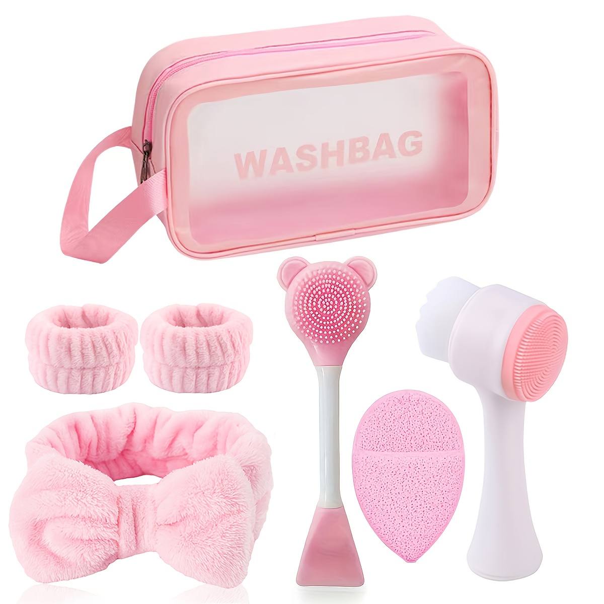 TEMU 7pcs/set Facial Cleansing Tools - Including Portable Hair Band +2 Wristbands, Silicone Facial Cleansing Brush, Facial Cleanser + Double-headed
