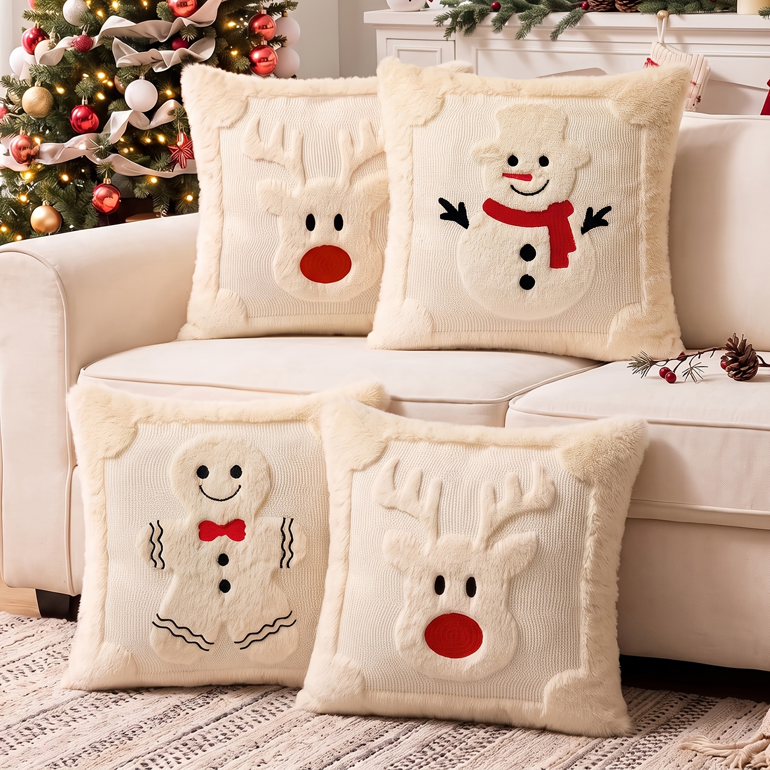 TEMU 4- Jacquard Plush Christmas Reindeer Pillow Covers - Rustic Farmhouse Soft Snowman Gingerbread Cushion Cases, 18x18 Inch, Cozy Winter Seasonal
