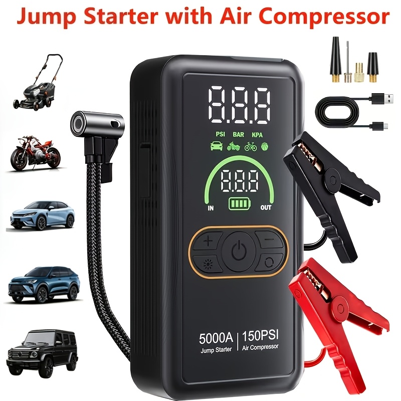 TEMU 5000a Portable Car Jump Starter With Built-in 150 Psi Tire Inflator, Power Bank, And Led Flashlight-a Multifunctional 12v Car Battery Booster