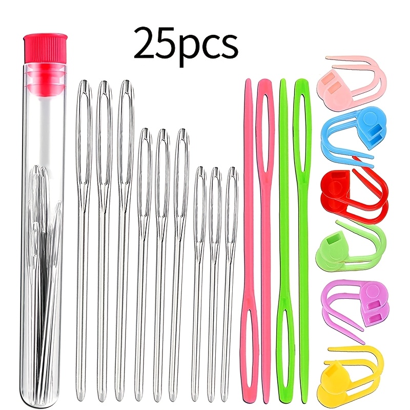 

A Set Of 25 Sewing Needles Including Large-eye Tapestry Needles, Plastic Knitting Needles, And Crochet Hooks With Locking Markers