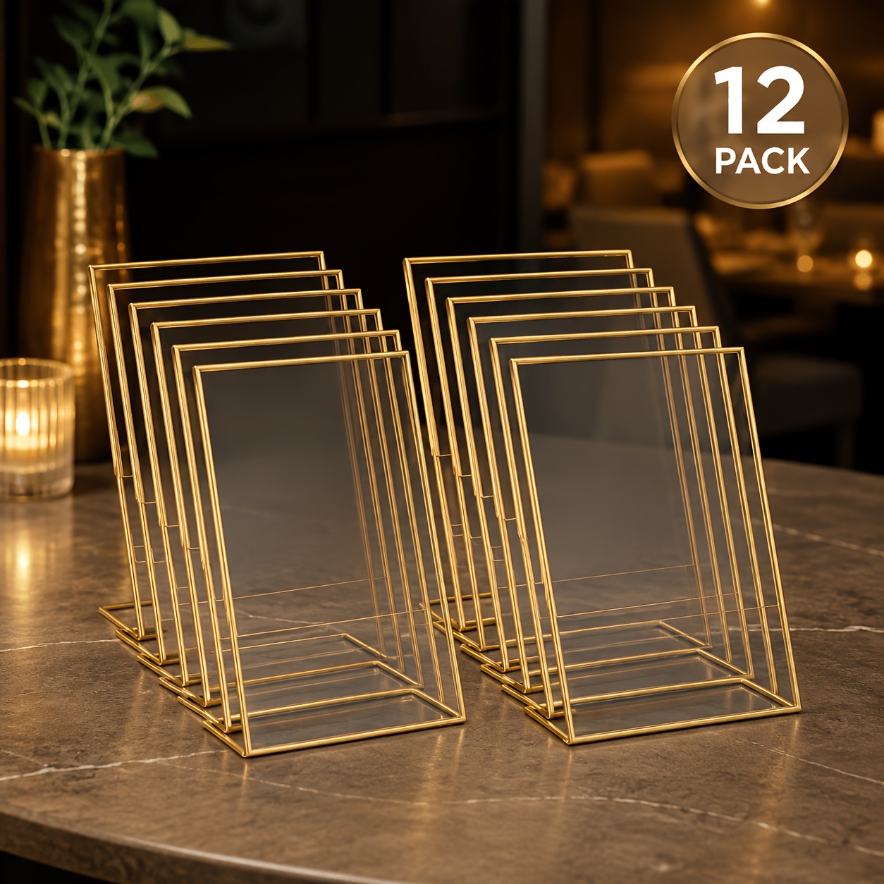 TEMU Paquete de 12 soportes acrílicos verticales con dorado, soportes de exhibición de mesa transparentes de cara para números de mesa de boda, menús