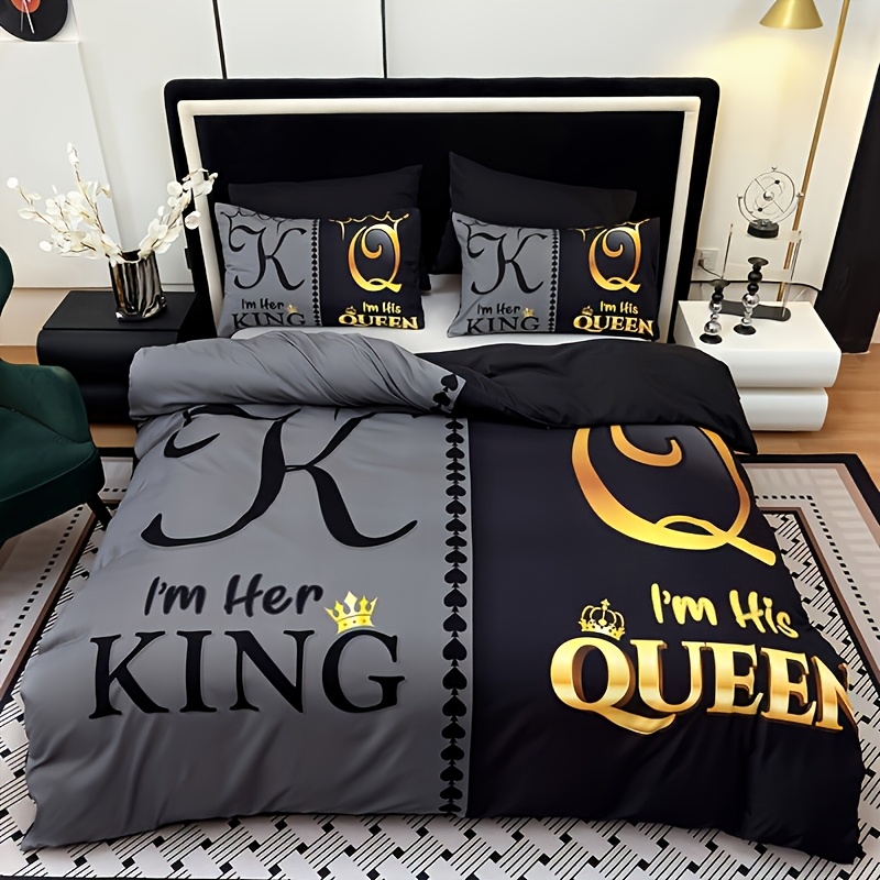 TEMU 3pcs Super Soft And Breathable Kq Letter High-definition Digital Printed Quilt Cover Set (1 Quilt Cover +2 Pillowcases Without Pillow Core)