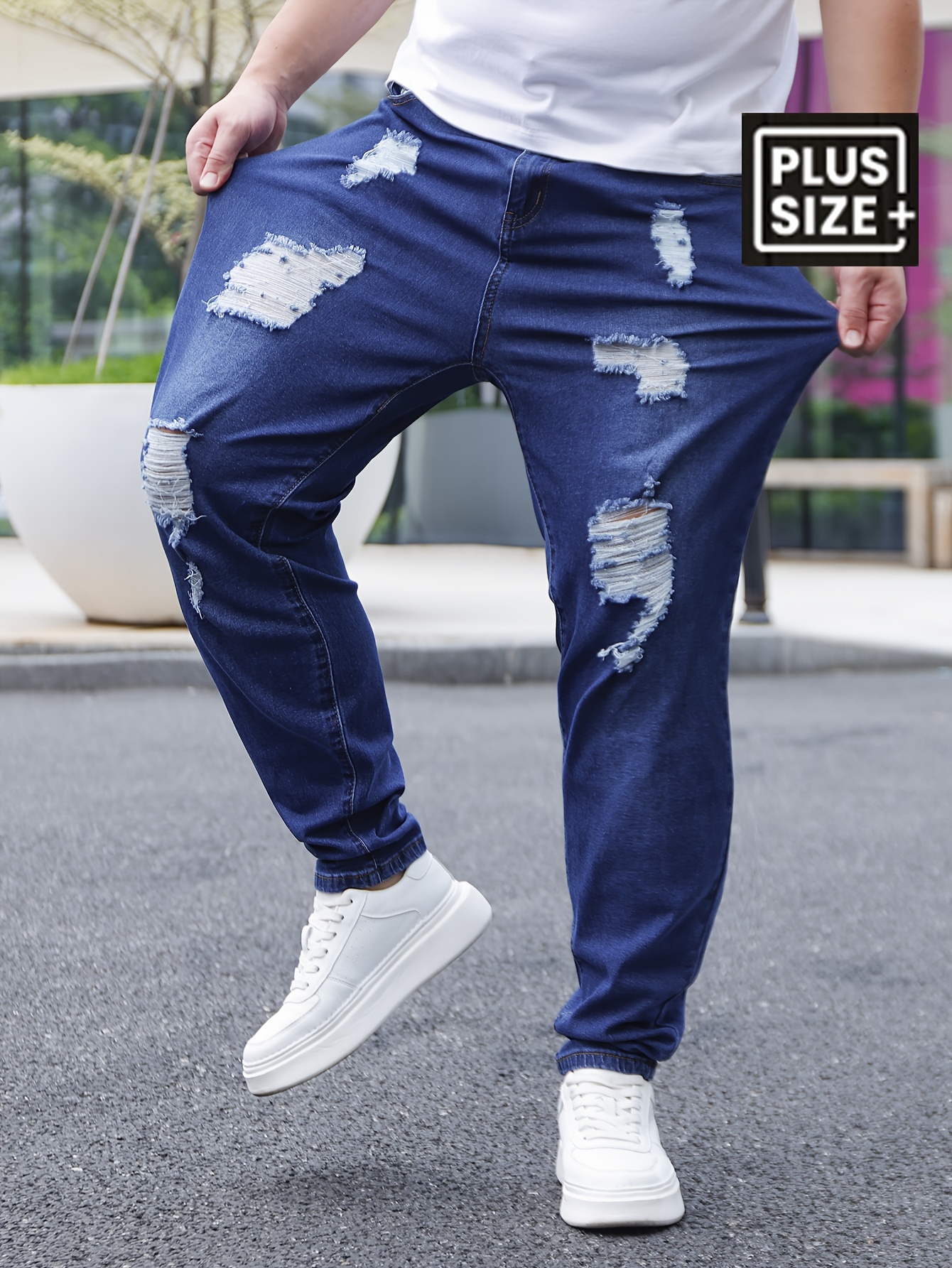 Men's Plus Size Skinny Jeans - Dark Blue with Distressed Details, Stretch Denim, Machine Washable, Cotton Blend Fabric, Comfort Fit for All Seasons, Plus Size Jeans, PLUS SIZE