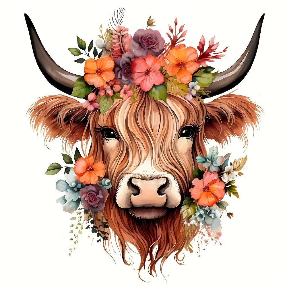 TEMU 2pcs Vibrant Highland Cow Heat Transfer Decals With Floral Crowns, Durable And Long-lasting, Diy, With Decals For T-shirts, Hoodies, Jeans,