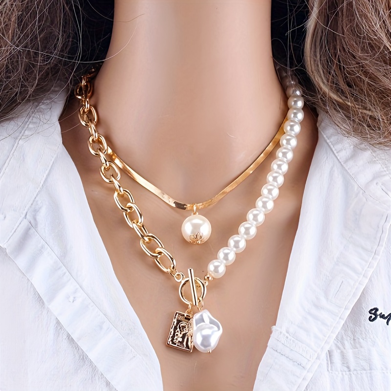 

Elegant Vintage-inspired Baroque Faux Pearl Necklace Set, Unique Hip-hop Flat Snake Bone Chain With Imitation Pearl Pendant, Stylish Chunky Chain Fashion Jewelry For Women