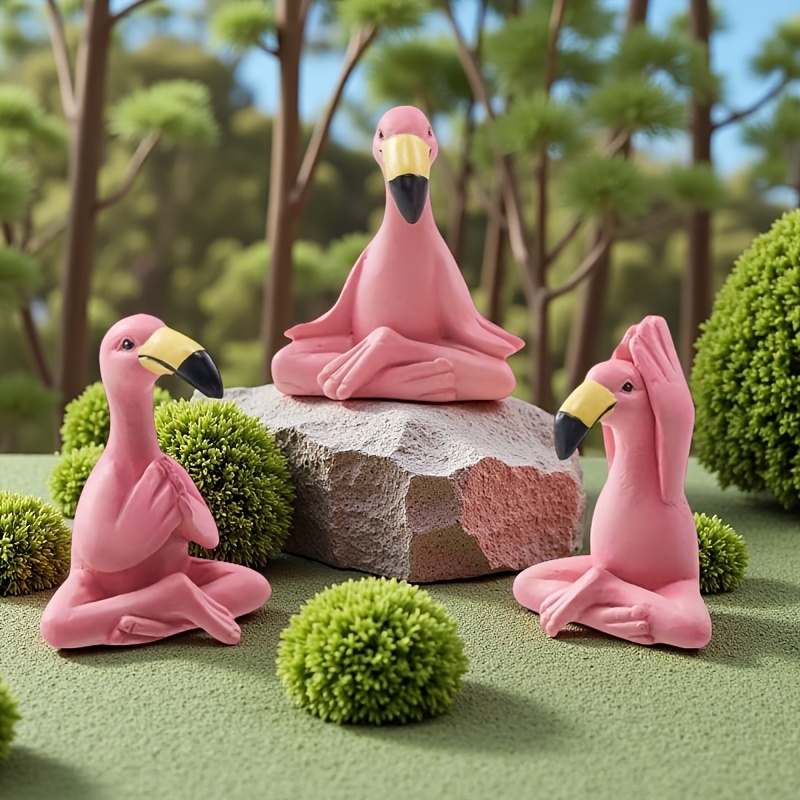Image of Set Of 3 Yoga Flamingo Resin Statues - Miniature Garden Decorations For Desktop Gifts, Featuring A Pink Flamingo For A Zen Ambiance, Perfect For Women, Mothers, Grandmothers, And Girls