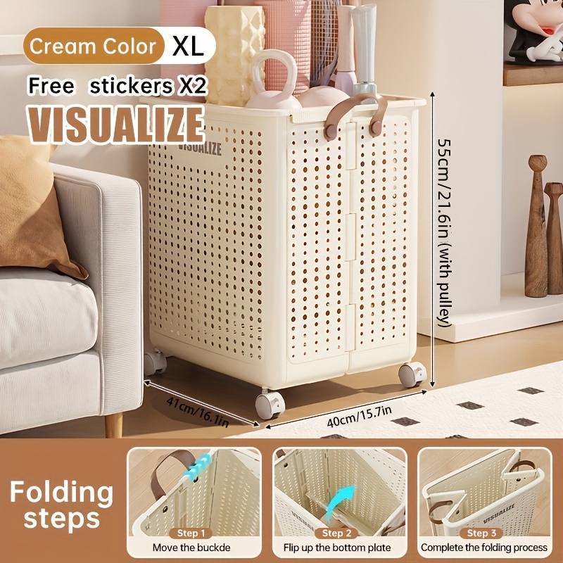 TEMU Panier à linge pliable grand et moyen blanc couvercle, lavable à , couleur unie, panier à linge sale portable multifonctionnel avec roulettes,