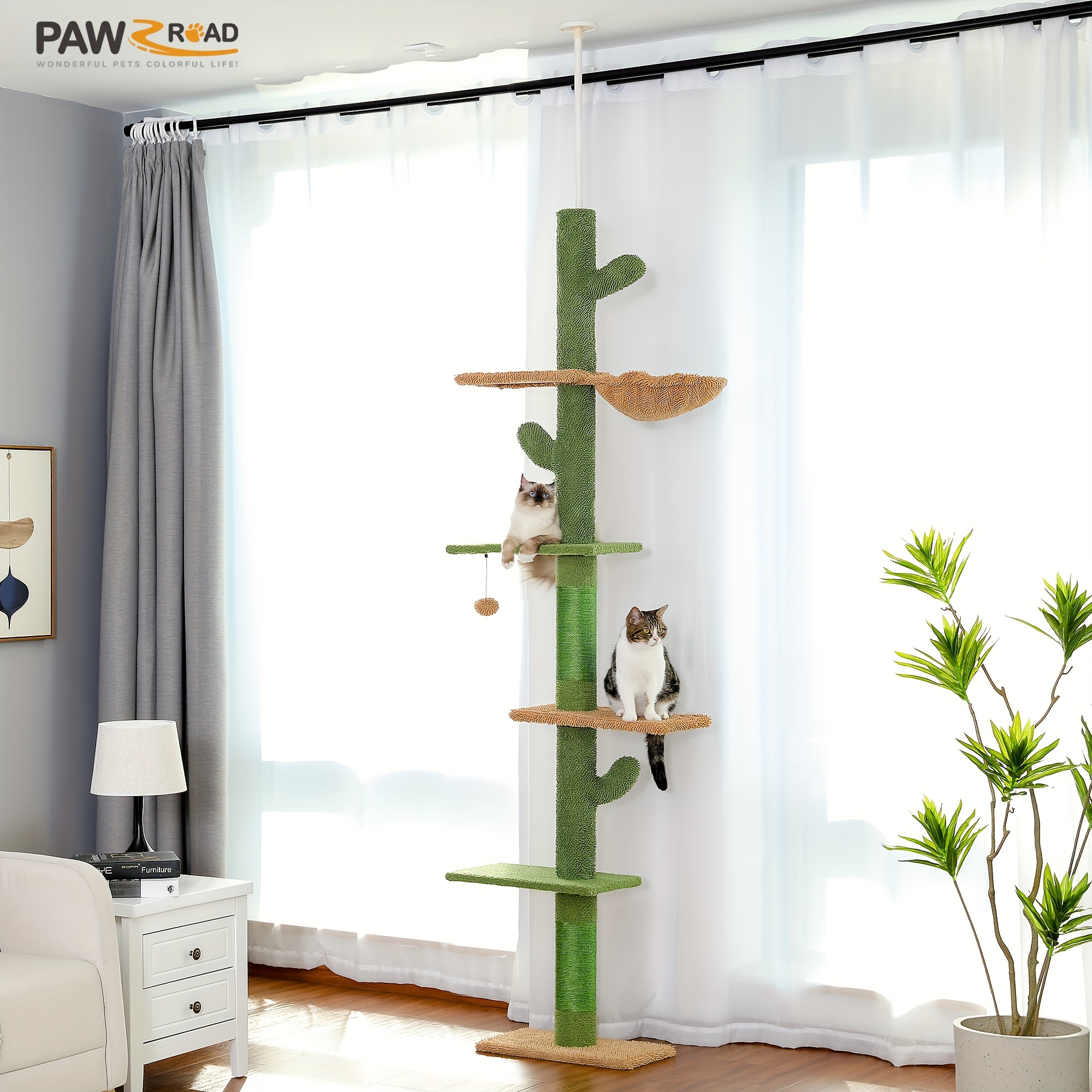 

Adjustable 95-108'' Cactus Floor To Ceiling Cat Tree, Cat Tower For Indoor Cats, 5 Level Cat Climbing Tower With Cozy Hammock, Platforms And Dangling Balls, Green