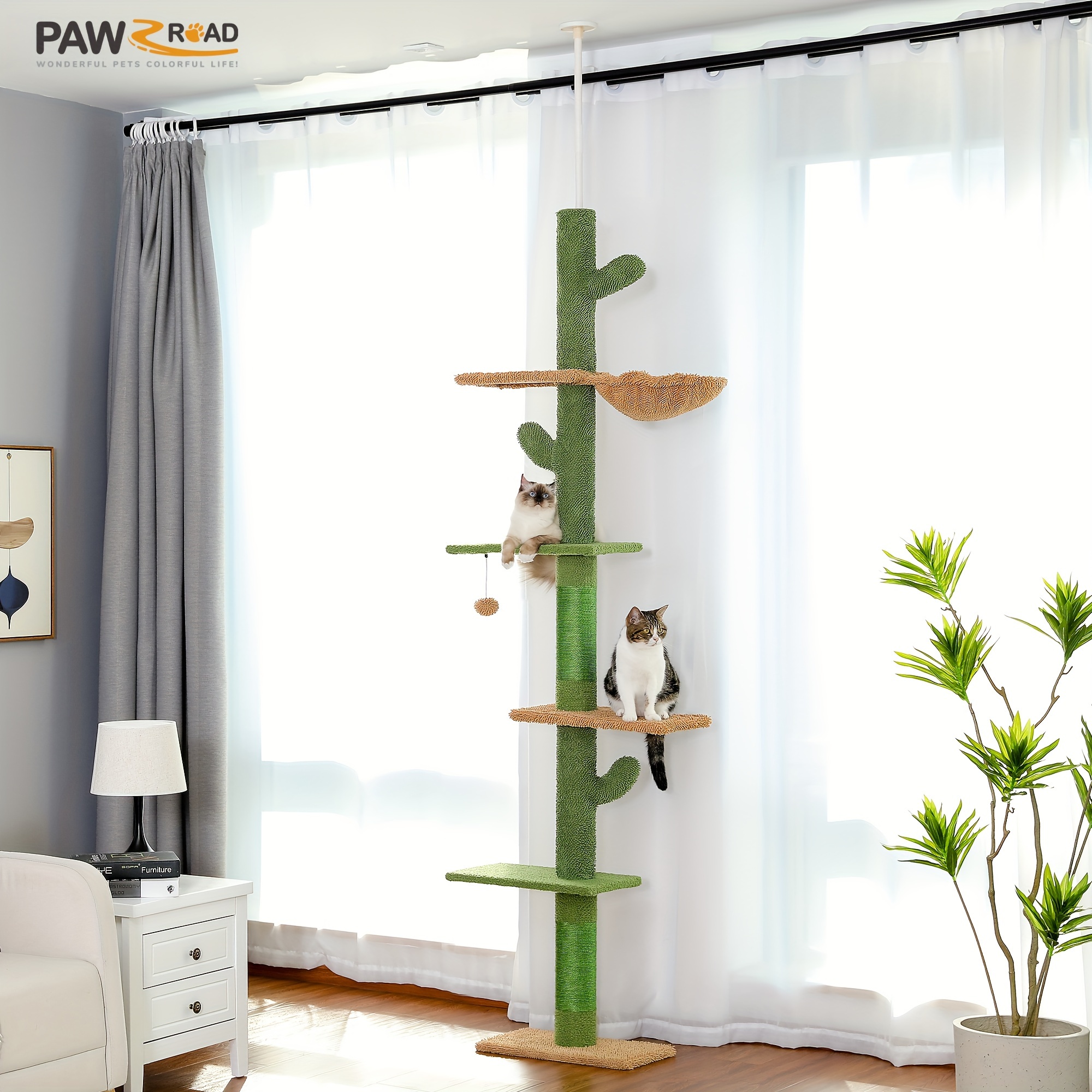 TEMU Adjustable 95-108'' Cactus Floor To Ceiling Cat Tree, Cat Tower For Indoor Cats, 5 Level Cat Climbing Tower With Cozy Hammock, Platforms And Dangling Balls, Green