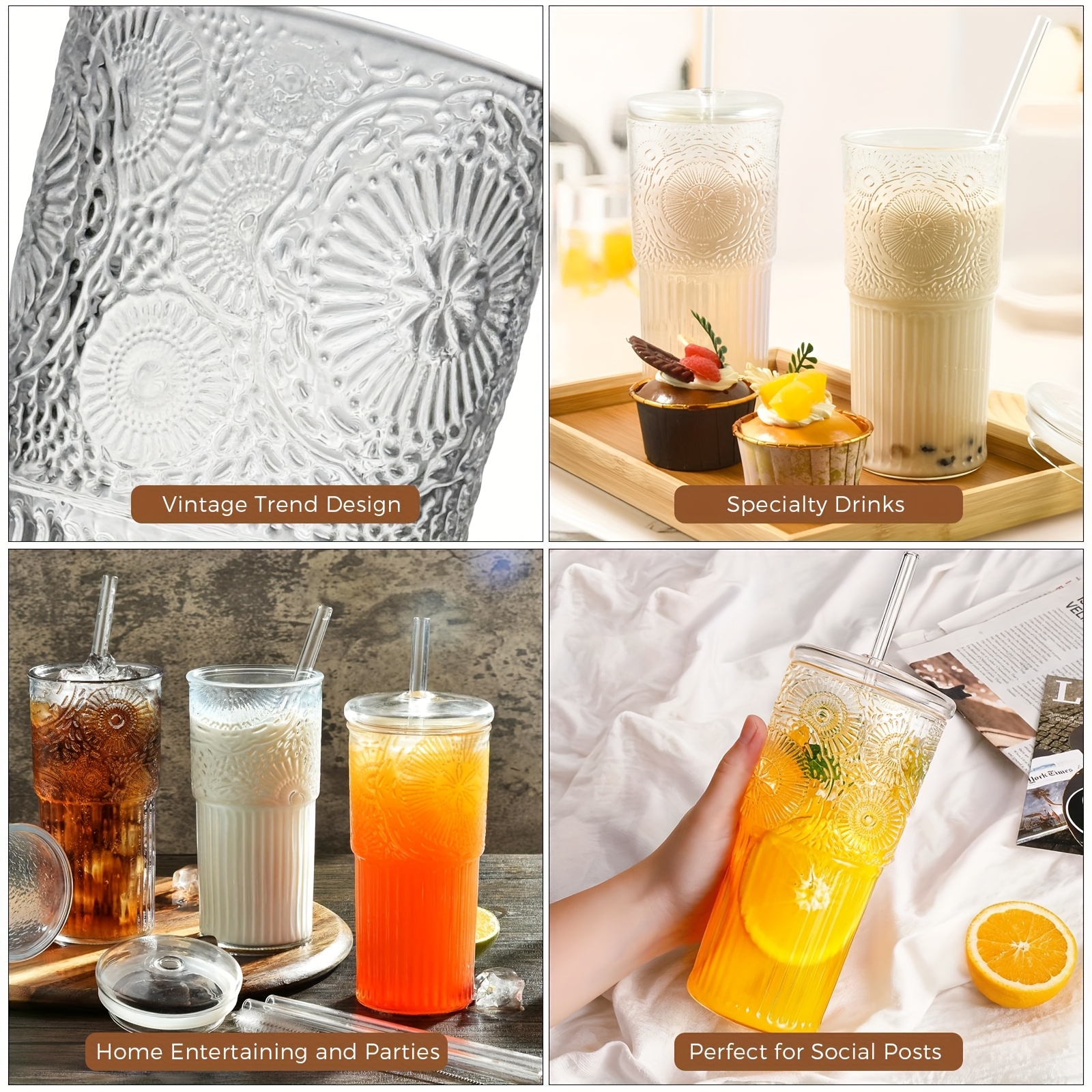 2 pack 20oz borosilicate glass cups with lids and glass straws clear vintage drinking glasses for coffee juice milk and water durable heat resistant glassware for   use Product details 1