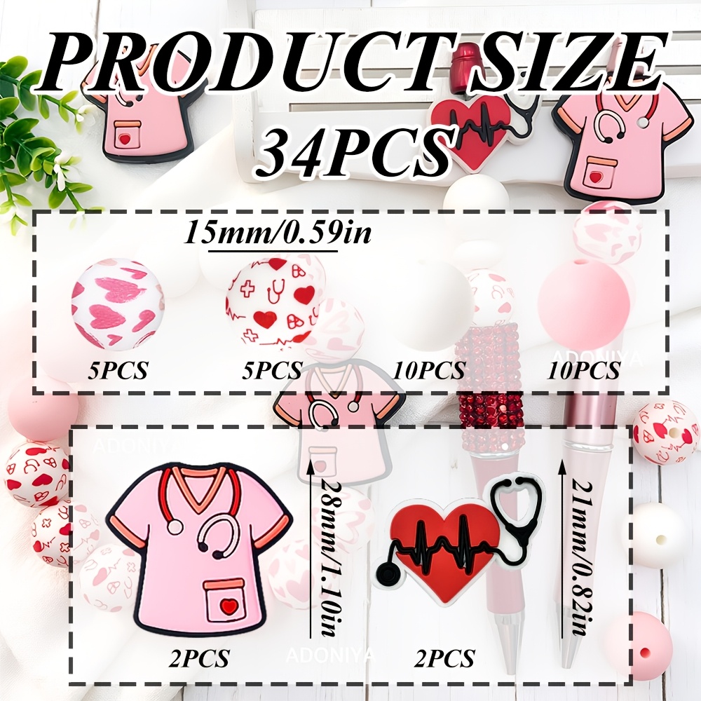TEMU Ensemble de 34pcs de perles focales en silicone pour uniforme d'infirmière rose et stéthoscope de cœur, 15mm rose , perles rondes solides blanc