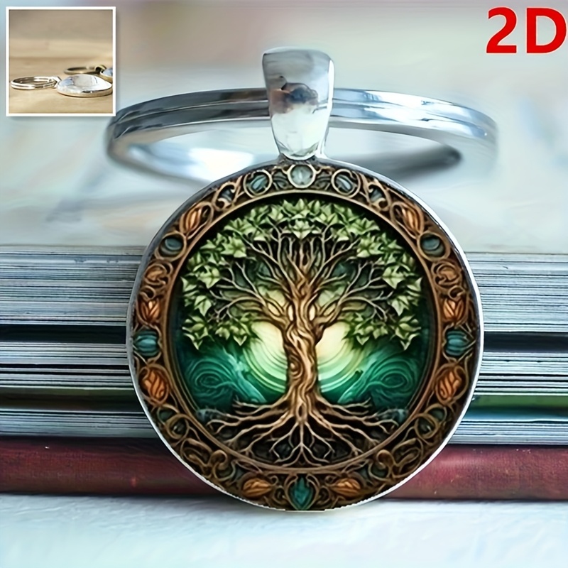 Of Life Keychain - Alloy, 2d Flat Design With Intricate Green & Brown Patterns, Retro Style For Keys & Luggage Decoration, Tree Of