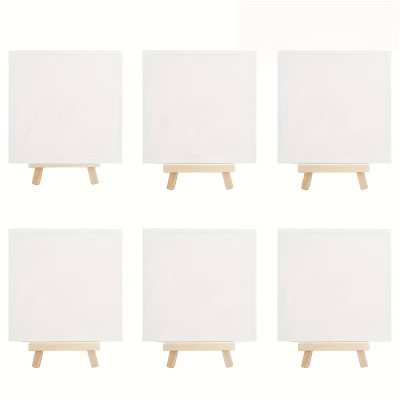 Image of 12pcs Pine Wood Easel & Canvas Painting Set - 6 Square Panels Suitable For Beginners// Classes, Portable Supplies With Sturdy Easels For Small Wall Decor, Tabletop Displays, Or