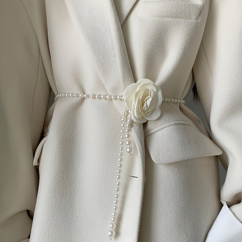 Image of 1pc Pearl Belt Women's New Style Camellia Decoration Versatile Waist Cover With Dress, Coat, Fashion And Elegant Belt Suitable For Daily Wearing