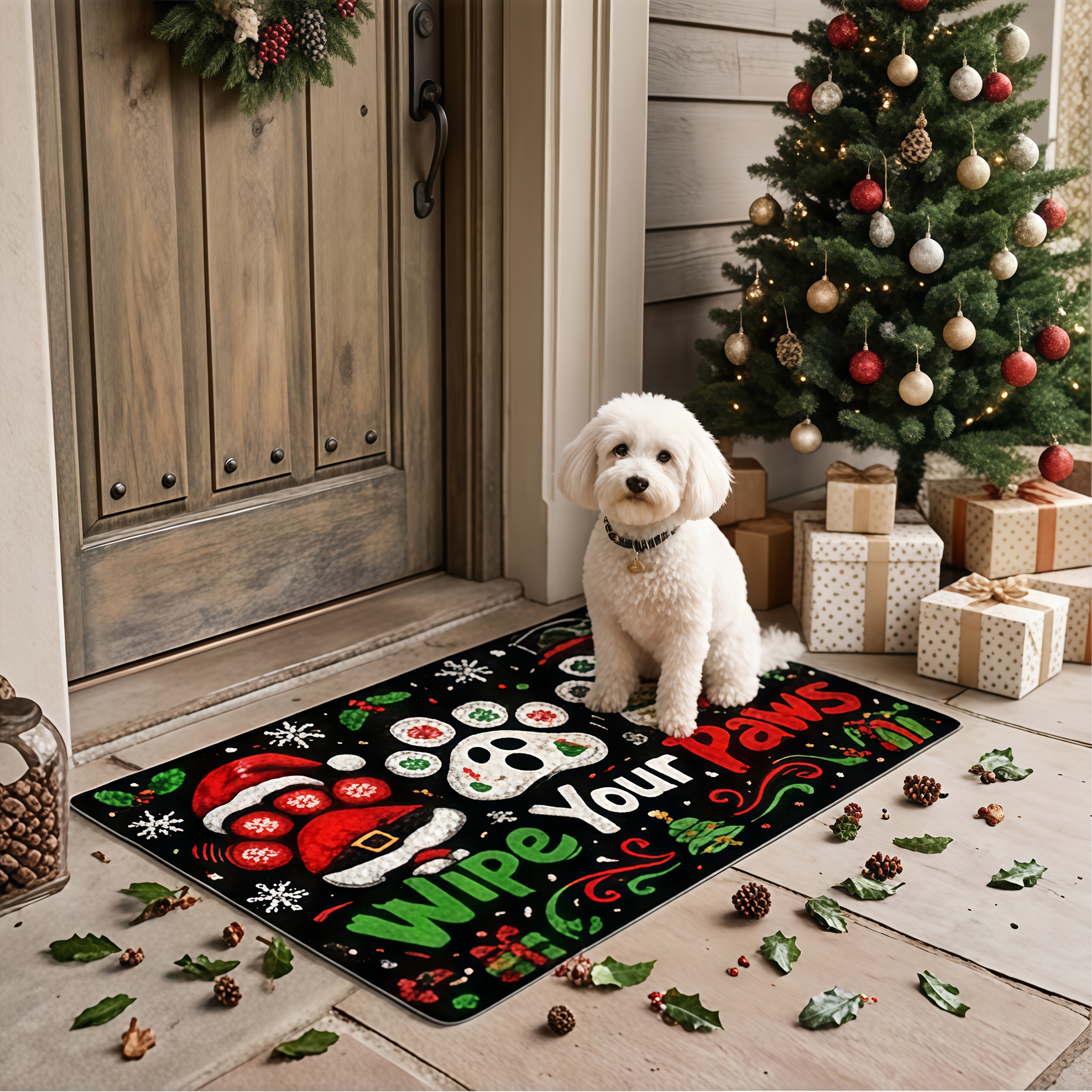 TEMU 1pc Christmas Welcome Doormat, Print Reindeer And Christmas Tree Pattern, Non-slip, To Clean. Ideal For Entryway, Bedroom, Living Room, Kitchen