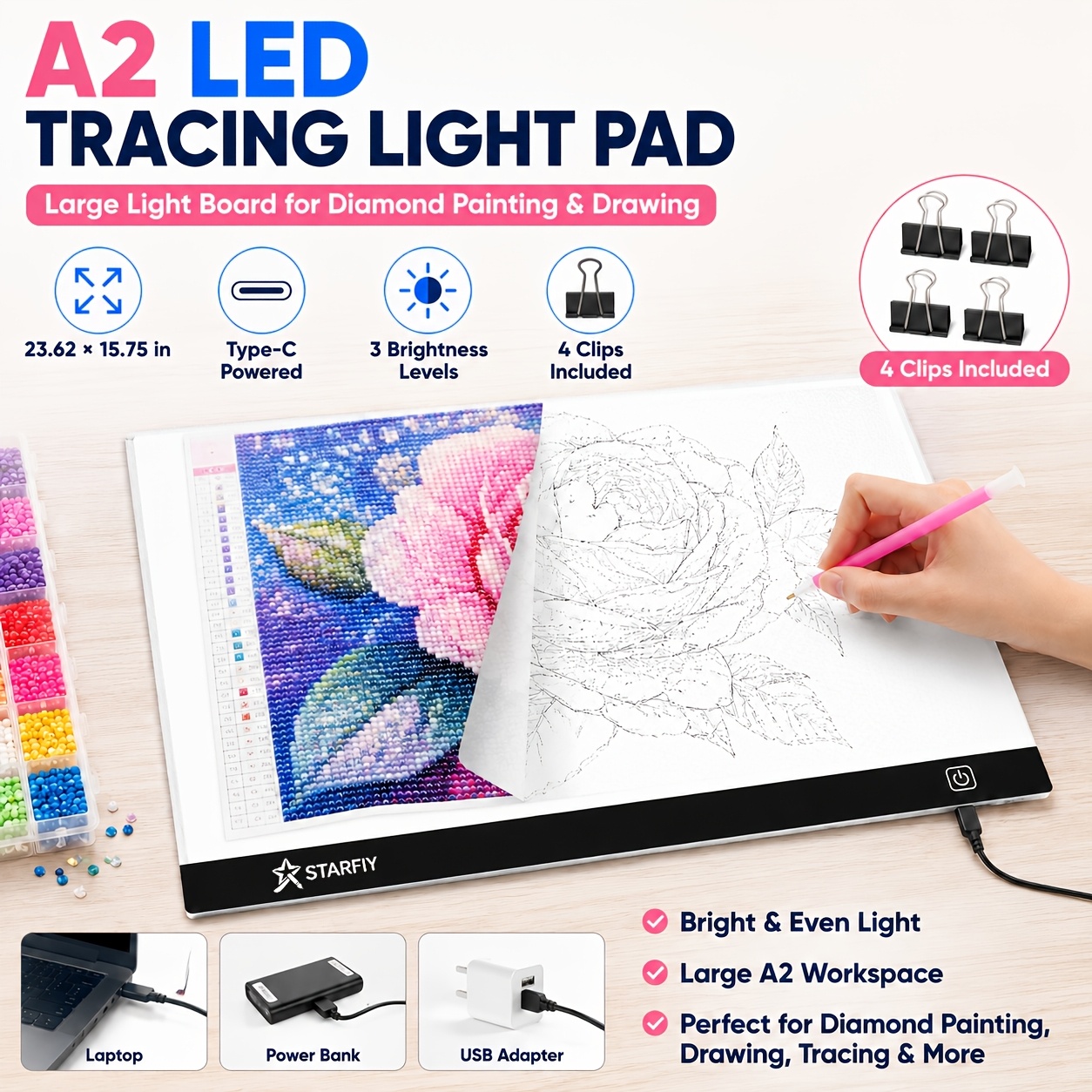 TEMU A2 Led Drafting Tools, 23.62 X 15.75in Large Board For Diamond Painting, Drawing & Tracing, Type-c Powered Art Copy Board With 3 Brightness