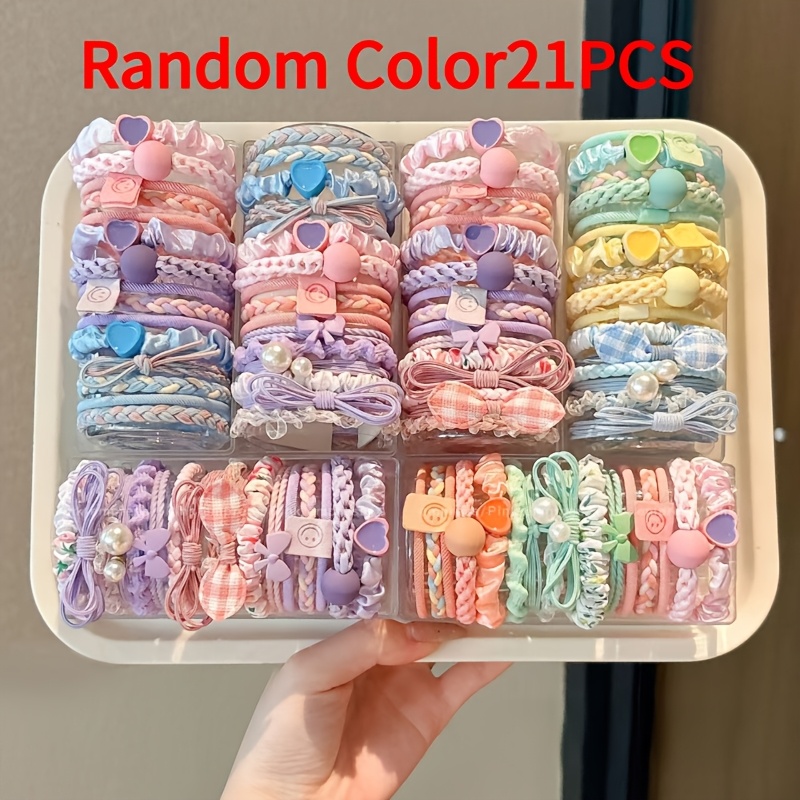 TEMU Random Color 13/18/21pcs Cute Hair Ties Set, Colorful Braided Elastic Hair Ropes Heart Bow Bead Decor Ponytail Holders Hair Additions