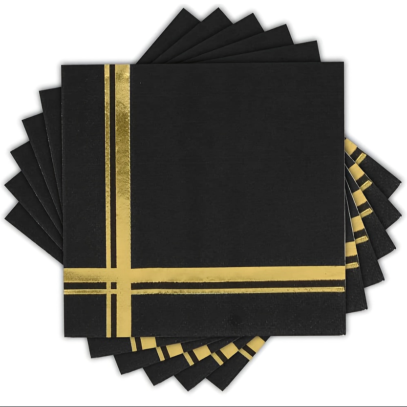 E-shop 50 Stück, Schwarz-Goldene Folien-Servietten, 2-lagig, 16,5 cm, Einweg-Party-Servietten, Gästetücher, Dekorative Papier-Drinkservietten,