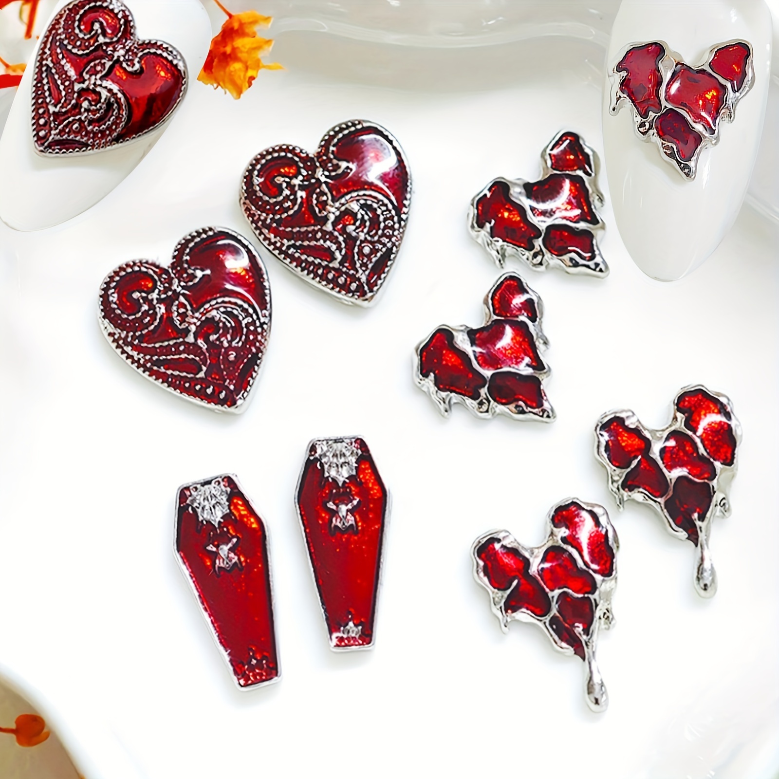 

16pcs Gothic Red Heart Nail Art Charms, Vintage Style Alloy Nail Jewelry, Unscented Metal Nail Studs For Acrylic Manicure Decorations