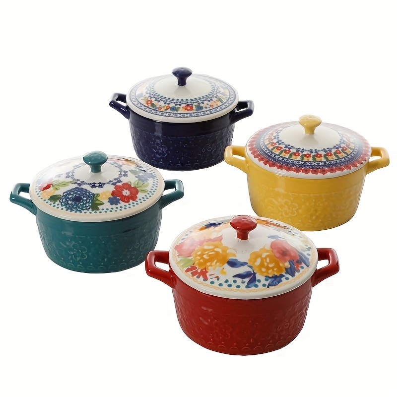 

4pcs Floral Mini Ceramic Casserole Dishes With Lids - 13-ounce, Assorted Colors - Durable Stoneware For Baking, Serving, And Storing