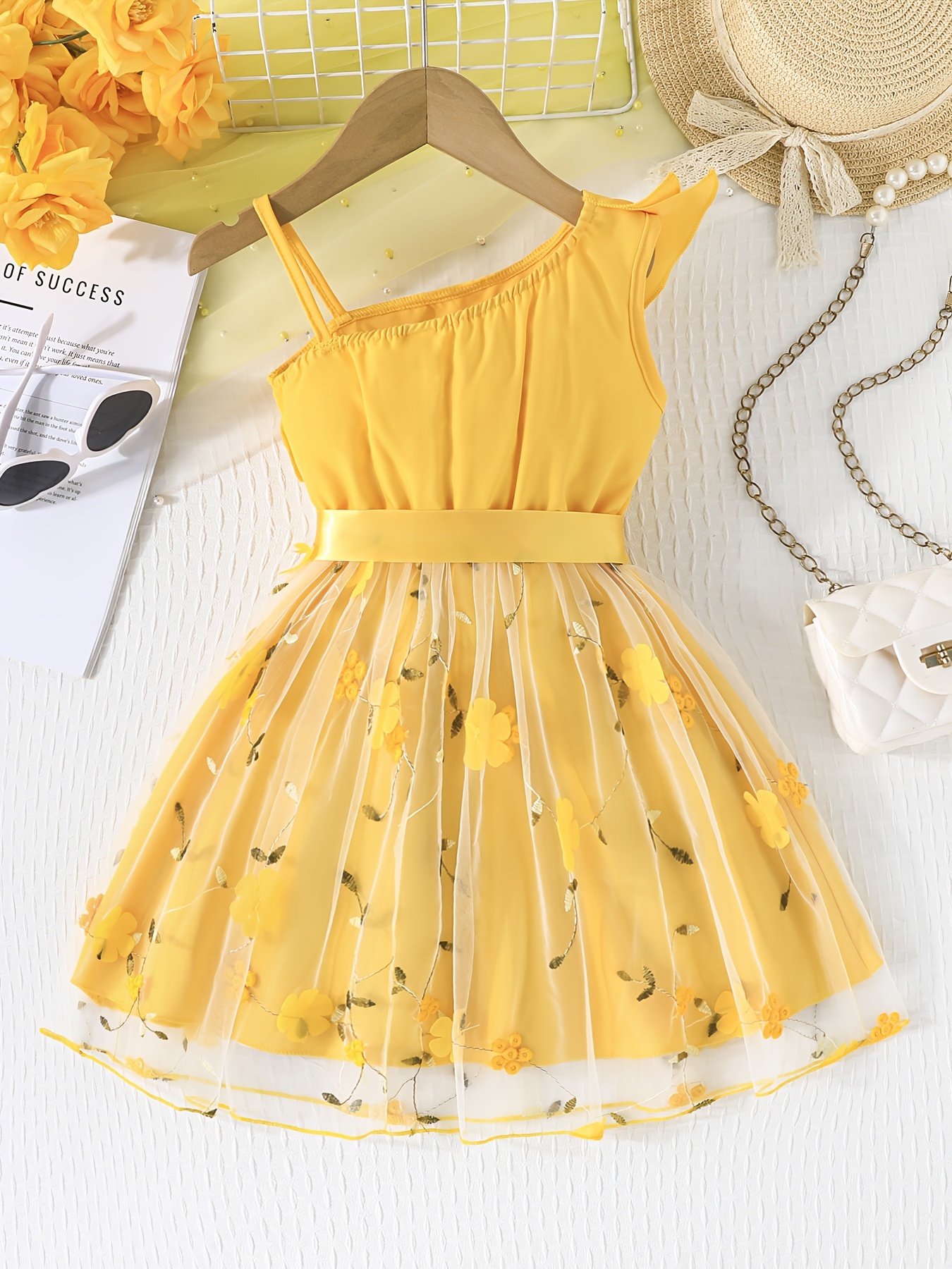 Elegant Yellow Floral Chiffon Dress for Girls Sleeveless Off-Shoulder,  Summer Casual Dress with Floral Embroidery, Polyester Fabric, Playfu