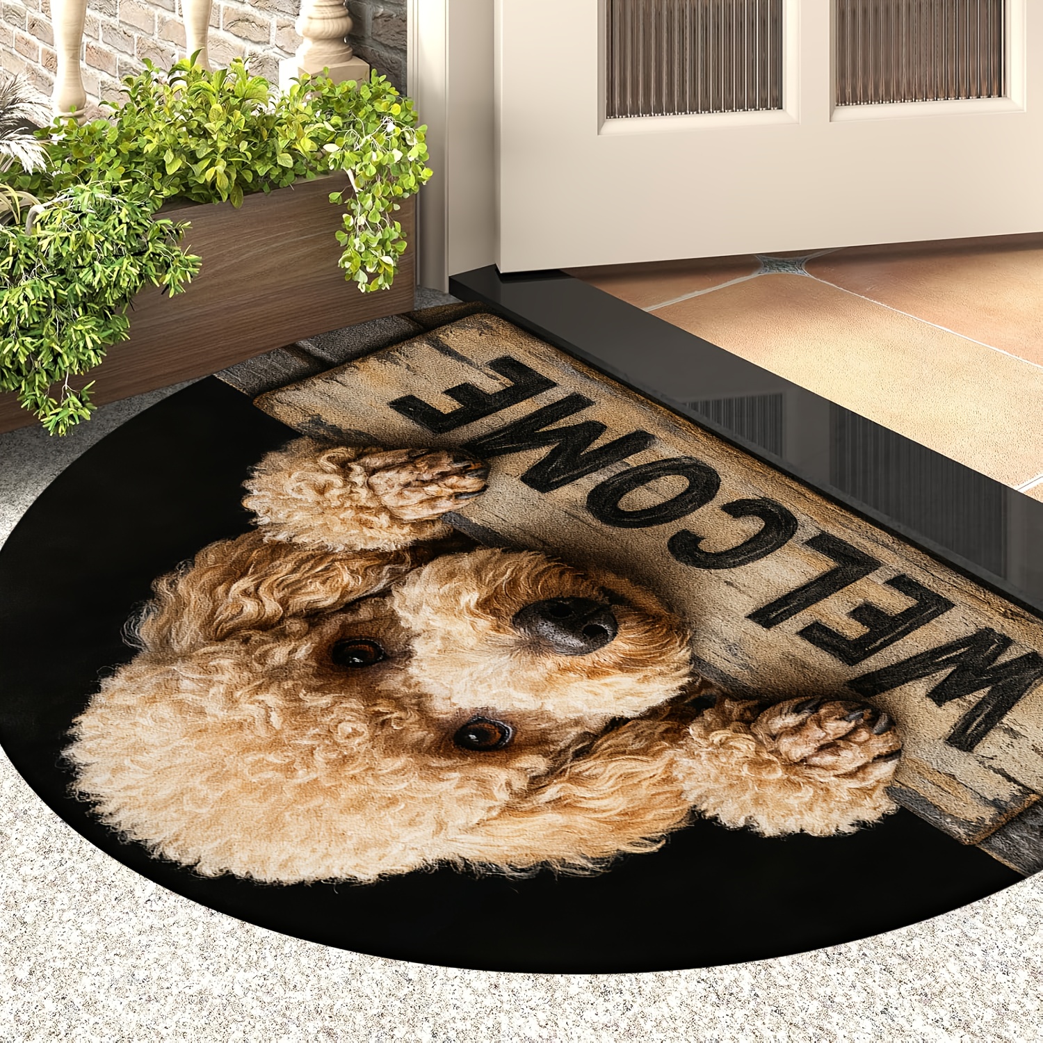 TEMU Zerbino semicircolare interessante | Zerbino semicircolare con stampa a motivo di cane boh矇mien che sbircia e scritta di , a luoghi come camere