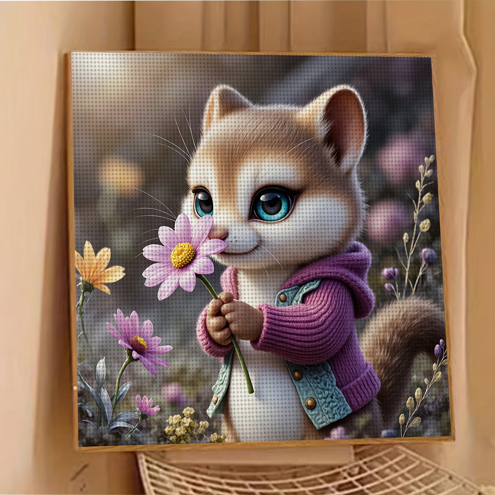 11CT/14CT Printed Cross-Stitch Kit, Cute Animals Holding Flowers
