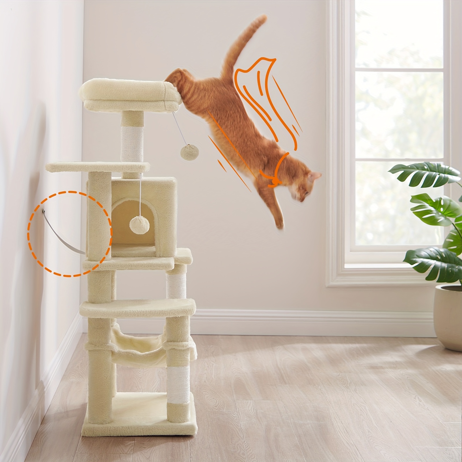 Cat Tree, 112cm Cat Tower For Indoor Cats, Multi-level Plush Cat Condo With 4 Scratching Posts, 2 Perches, Cave, Hammock, Pompoms