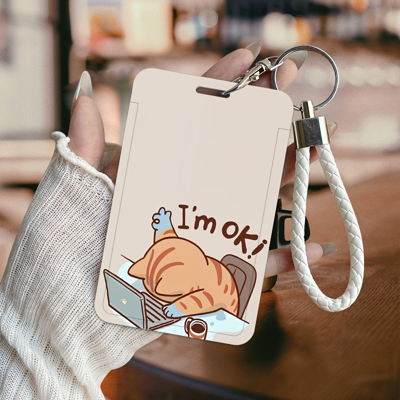 TEMU 2d Cute Orange Striped Cat Lying In Front Of A Computer Printed Pattern With "!" Text, Printed Pattern Id Badge Holder With A Short Hand Strap,