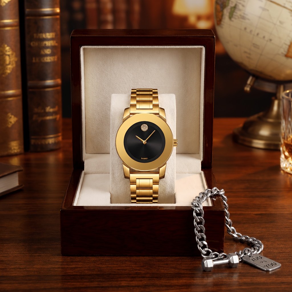   golden coated black faced quartz wristwatch with   alloy case and stainless steel strap   suitable for   men and women quartz watch with hand strap