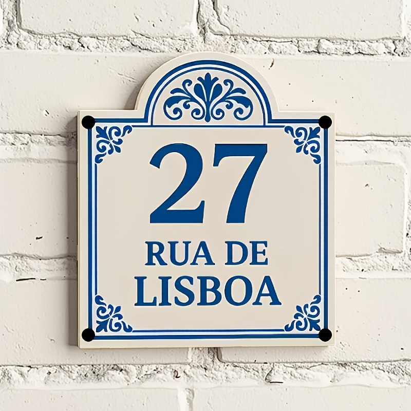 TEMU Personalized Portuguese Azulejo House Number Plate - Vintage Blue Address Plaque With Arched Top & Name Sign Suitable For Villa, Front Door Wall